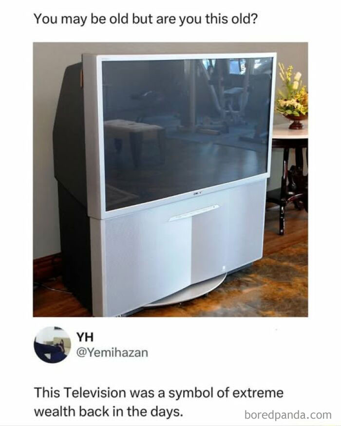 Old bulky television symbolizing extreme wealth, evoking nostalgia for the good old days in vintage memes.