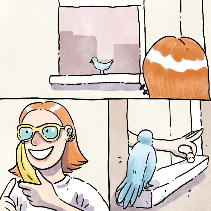 Artist shares heartfelt wordless comics depicting life with a dog, a cat, and simple everyday moments.