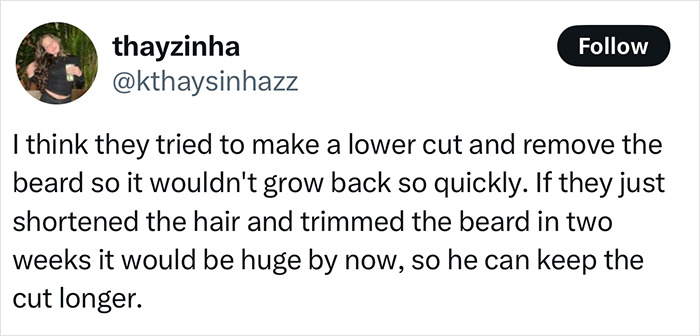 Tweet from user thayzinha discussing a homeless man's makeover and barber's haircut choices causing viral debate. Tweet from user thayzinha discussing a homeless man's makeover and barber's haircut choices causing viral debate.