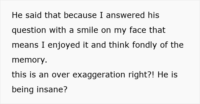 Text discussing an insecure baby, boyfriend mad over a kiss with a female friend from over a decade ago causing disbelief.