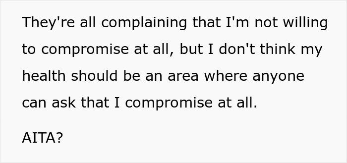 Woman refuses to put her health at risk for sister’s wedding photo, causing family upset and complaints about compromise. Woman refuses to put her health at risk for sister’s wedding photo, causing family upset and complaints about compromise.