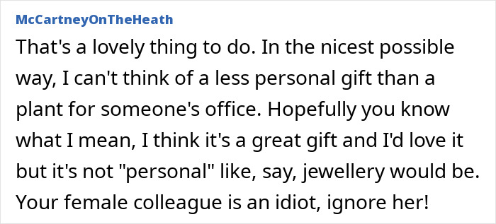 Comment discussing gifting a plant as a less personal gift for a male colleague’s office, favoring practicality over personal items.