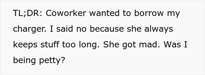 Woman famous for not returning stuff refuses to share charger with coworker, causing a tense office dispute. Woman famous for not returning stuff refuses to share charger with coworker, causing a tense office dispute.
