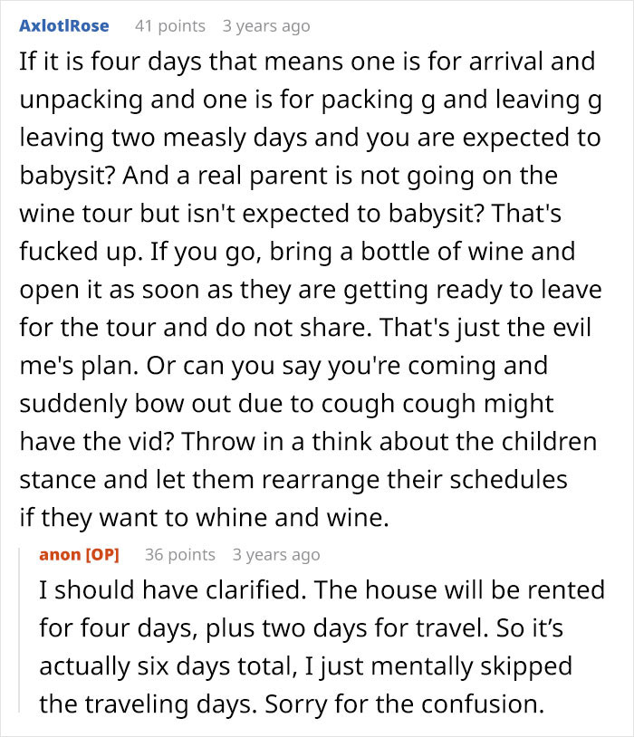 Commenter discussing expectations to babysit during a family holiday and strategies to avoid doing so. Commenter discussing expectations to babysit during a family holiday and strategies to avoid doing so.