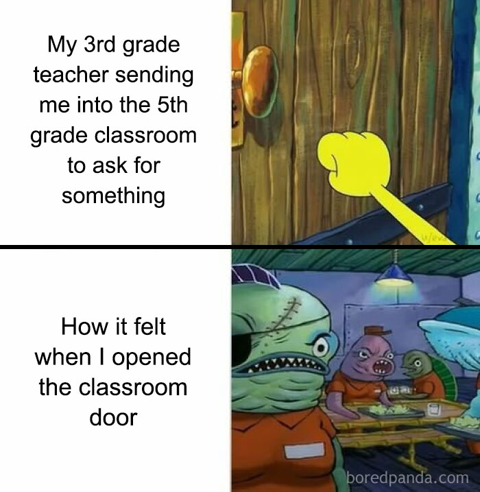 Cartoon meme showing nervousness entering a new classroom, evoking nostalgic memories of school days and childhood.