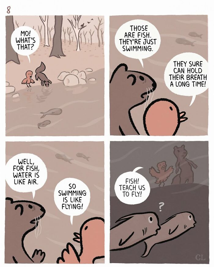 Ruby and Mo comic panels showing a touching conversation about swimming, flying, and life in a soft, muted color palette.