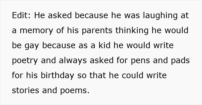 Text about a person laughing at a memory of parents thinking he was gay for writing poetry and asking for pens and pads.