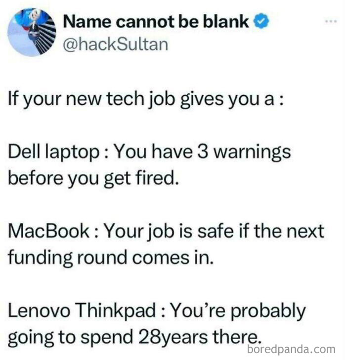 Tweet humor explaining tech job stereotypes based on laptops, part of memes people didn't understand and asked to explain.
