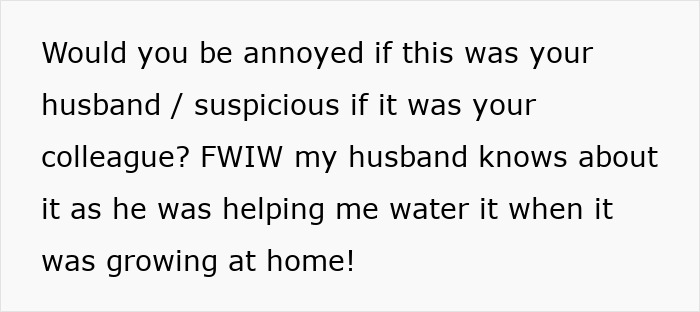 Text about gifting a plant to a male colleague asking if it would be annoying or suspicious from a partner's view. Text about gifting a plant to a male colleague asking if it would be annoying or suspicious from a partner's view.