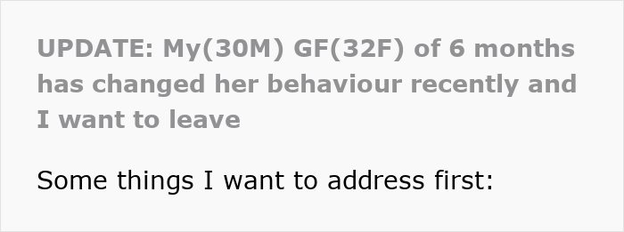 Text screenshot showing a message about girlfriend behaviour change in a 6-month relationship and concerns about leaving.