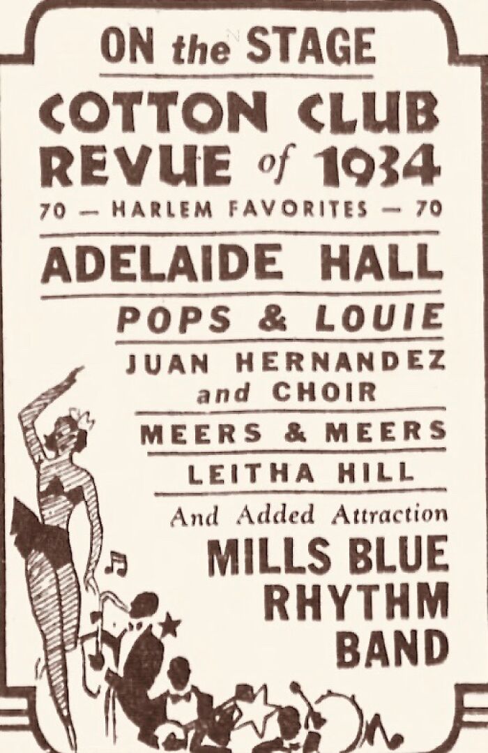 Vintage Cotton Club Revue poster featuring Harlem Renaissance musicians and performers from 1934 show lineup.