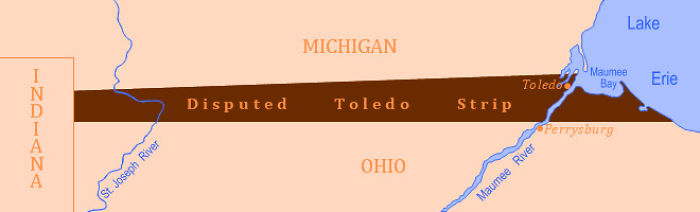 Map showing the disputed Toledo Strip area between Michigan and Ohio, relevant to historical facts and regional boundaries.