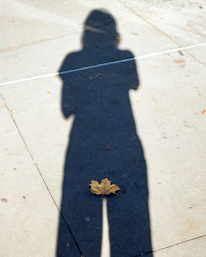 Shadow of a person on city pavement with a dry leaf aligned to look like part of the silhouette, showcasing street photography magic.