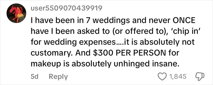 User comment criticizing expectations to pay for wedding expenses and makeup costs, highlighting date changed last minute wedding shaming issues. User comment criticizing expectations to pay for wedding expenses and makeup costs, highlighting date changed last minute wedding shaming issues.