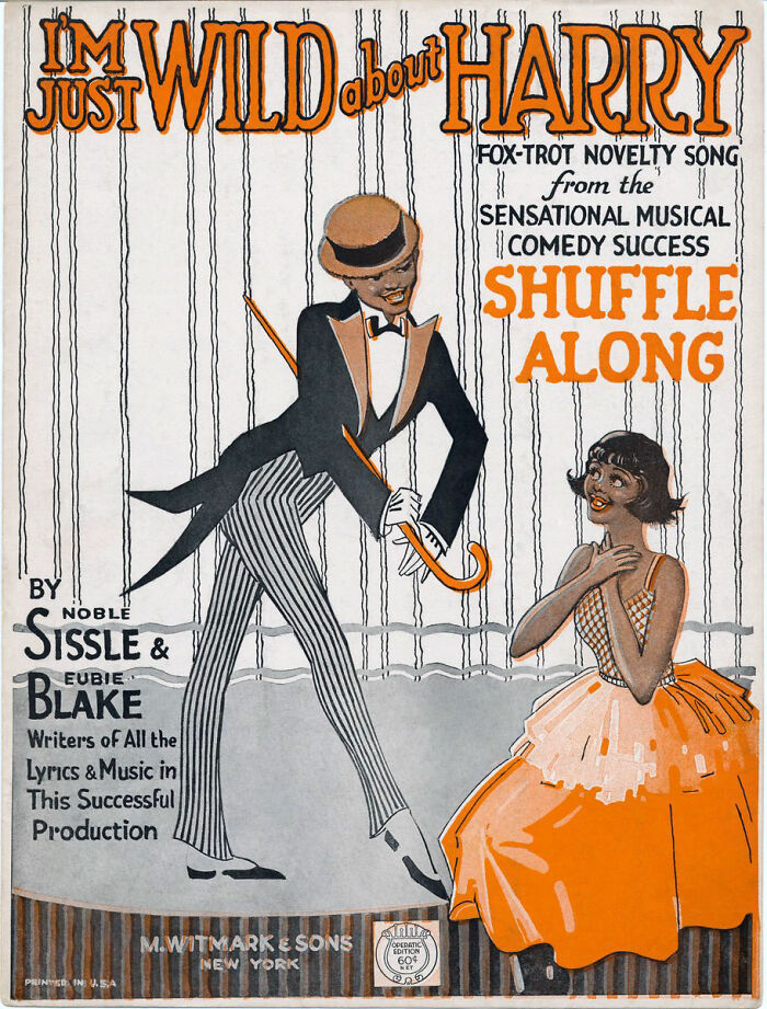 Illustration of two performers in vintage Harlem Renaissance poster promoting the musical comedy Shuffle Along.