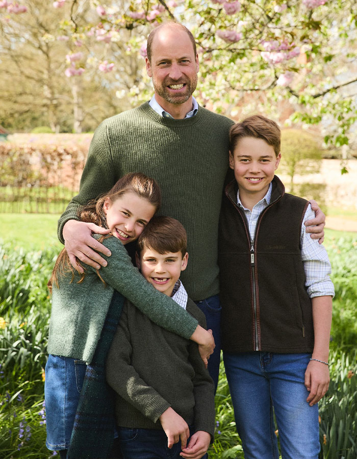 Prince William with his children smiling outdoors in casual clothes, a heartwarming family moment on his birthday. Prince William with his children smiling outdoors in casual clothes, a heartwarming family moment on his birthday.