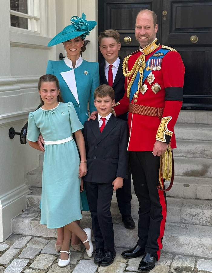 Kate Middleton and Prince William with their children posing on steps, dressed formally for Prince William's 43rd birthday celebration. Kate Middleton and Prince William with their children posing on steps, dressed formally for Prince William's 43rd birthday celebration.