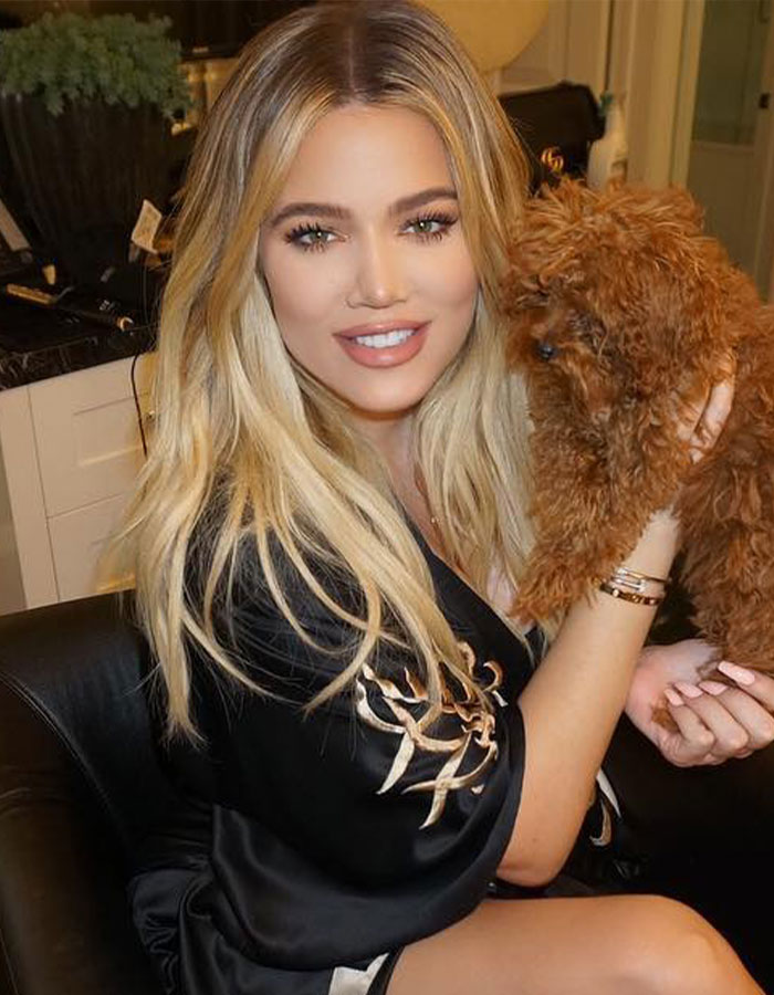 Khloé Kardashian smiling indoors holding a small brown dog amid weight loss trolls and Ozempic speculation. Khloé Kardashian smiling indoors holding a small brown dog amid weight loss trolls and Ozempic speculation.