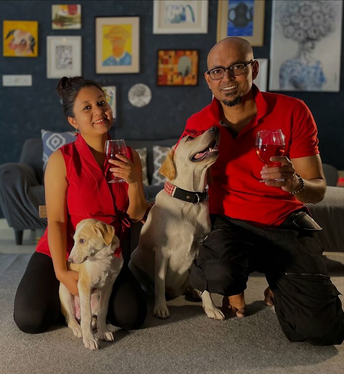Couple with two Labradors in living room, showcasing rescue Labrador known for painting with her mouth and creating unique art. Couple with two Labradors in living room, showcasing rescue Labrador known for painting with her mouth and creating unique art.