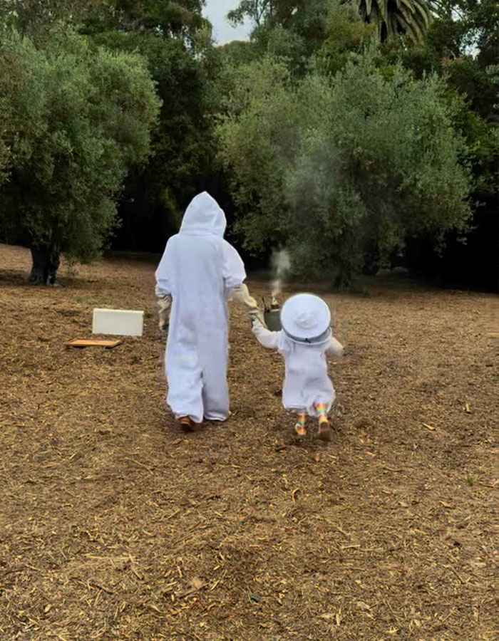 Two people in beekeeper suits walking hand in hand through a wooded area with trees surrounding them. Two people in beekeeper suits walking hand in hand through a wooded area with trees surrounding them.