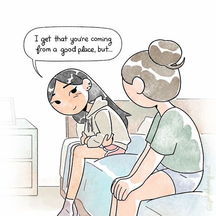 Two characters sit on a bed having a heartfelt conversation in a scene capturing the ups and downs of life.