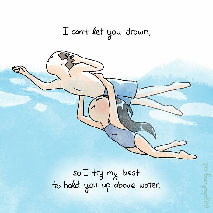 Illustration showing two people swimming with one holding the other above water, capturing the ups and downs of life.