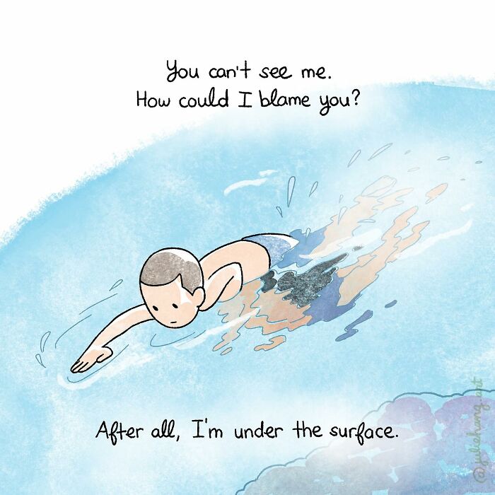 Illustration of a swimmer underwater with text expressing feeling unseen, reflecting moving stories about life's ups and downs.