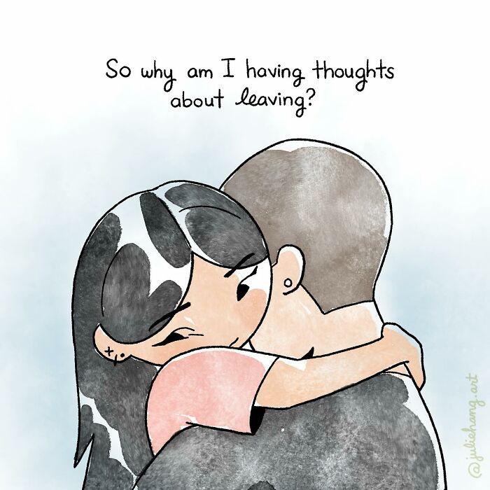 Illustration of a woman hugging a man with text expressing thoughts about leaving, capturing the ups and downs of life.