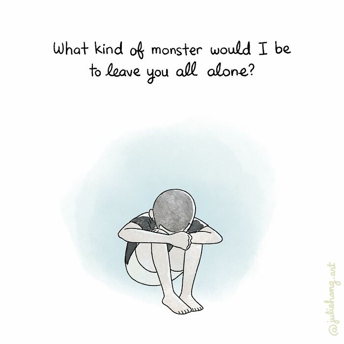 Illustration of a sad child sitting alone, capturing the emotional ups and downs of life in moving stories by Julie Hang.