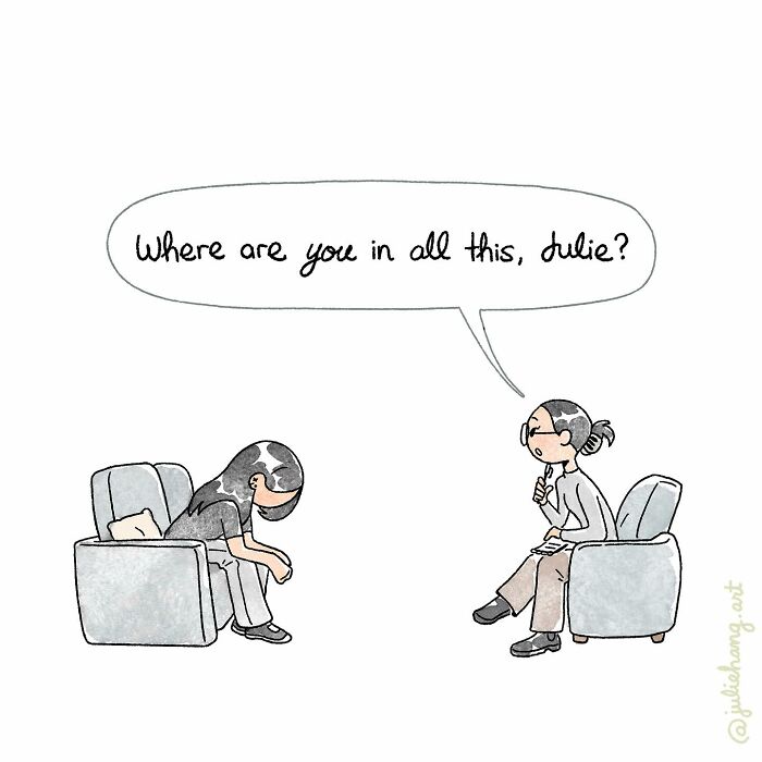 Illustration showing a conversation about self-reflection in moving stories by Julie Hang capturing life’s ups and downs.