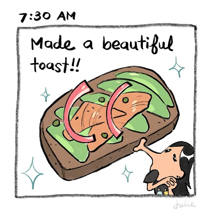 Illustration of a person admiring a beautiful toast with toppings, reflecting moving stories by Julie Hang about life’s ups and downs.