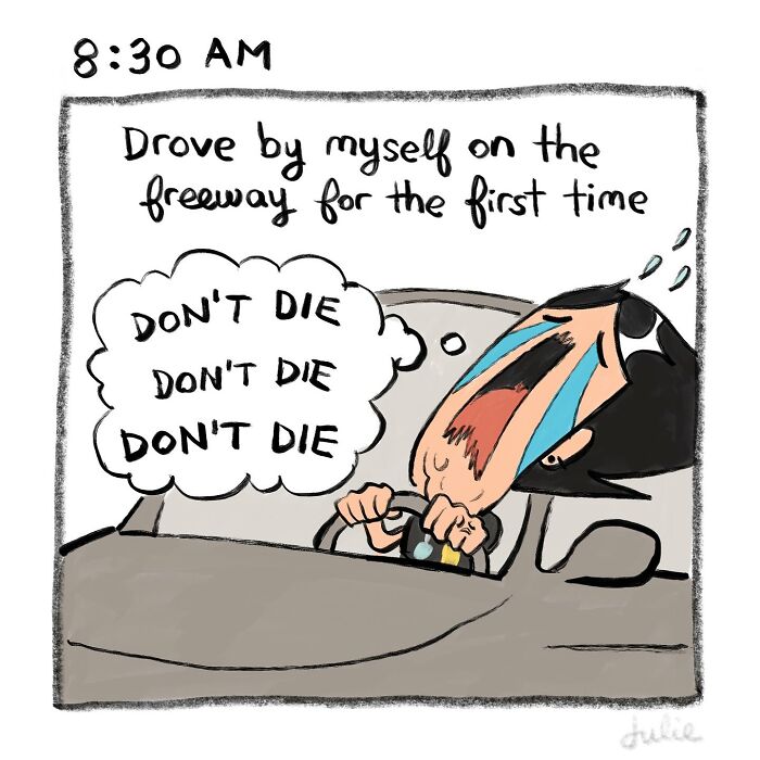 Illustration showing a person driving alone for the first time, capturing the ups and downs of life emotions.