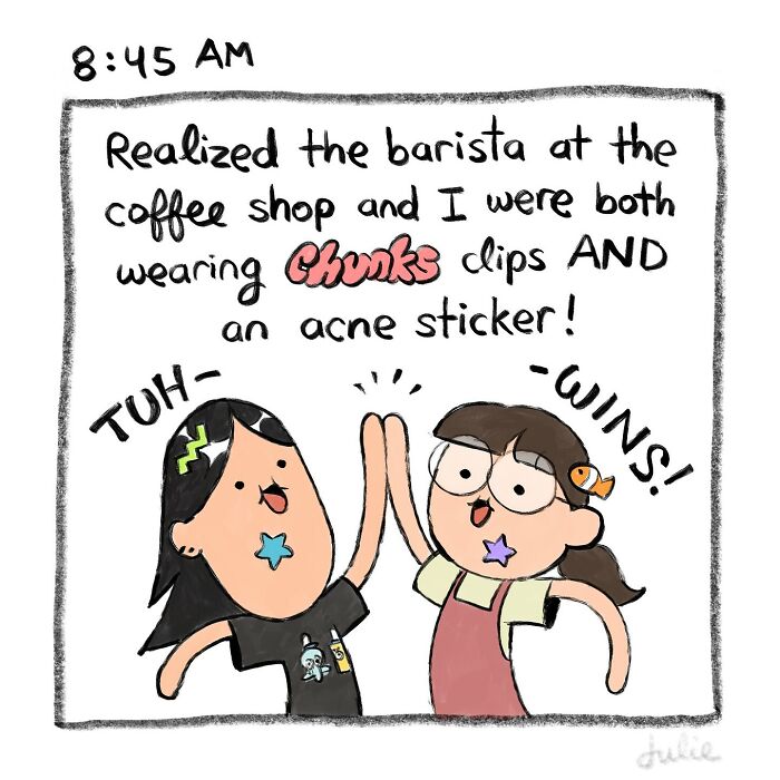 Illustration of two people high-fiving wearing matching clips and acne stickers, capturing moving stories by Julie Hang.