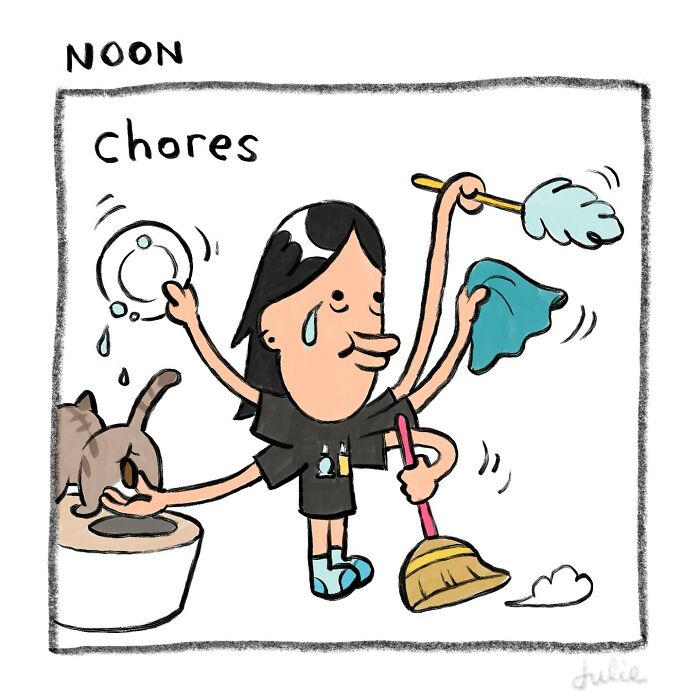 Illustration of a woman multitasking chores, capturing the ups and downs of life in a moving story by Julie Hang.