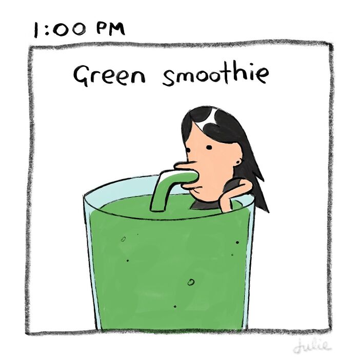 Cartoon of a woman drinking a green smoothie, illustrating moving stories by Julie Hang about life’s ups and downs.