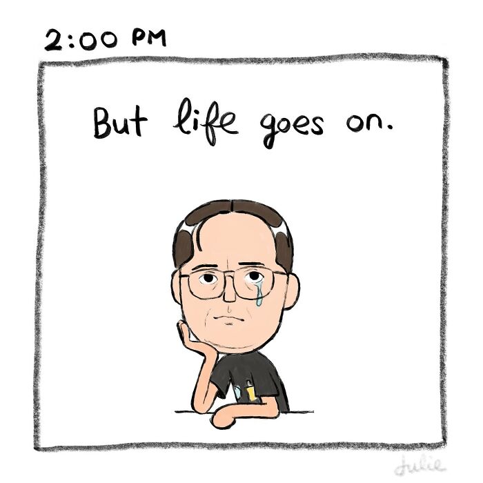 Illustration showing a man crying with text expressing the ups and downs of life in moving stories by Julie Hang.