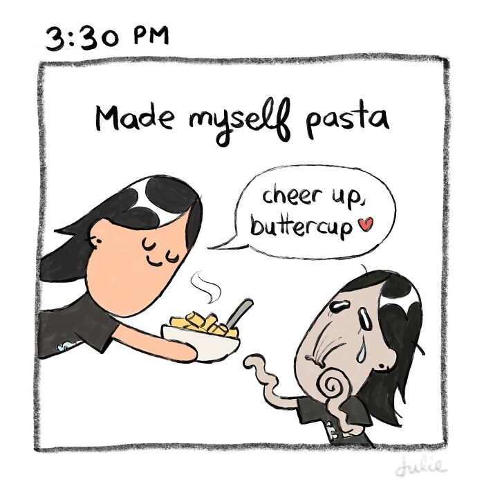 Illustration of two people, one offering pasta and saying cheer up, showcasing moving stories about life's ups and downs.