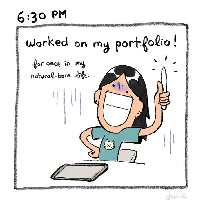 Illustration of a person happily working on their portfolio, capturing moving stories about the ups and downs of life.