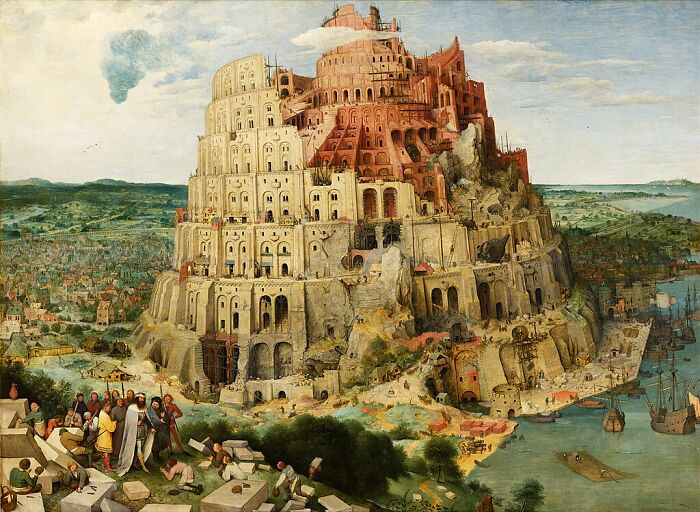 Historical painting of the Tower of Babel showcasing ancient architecture for a Da Vinci was a wedding planner historical facts article.