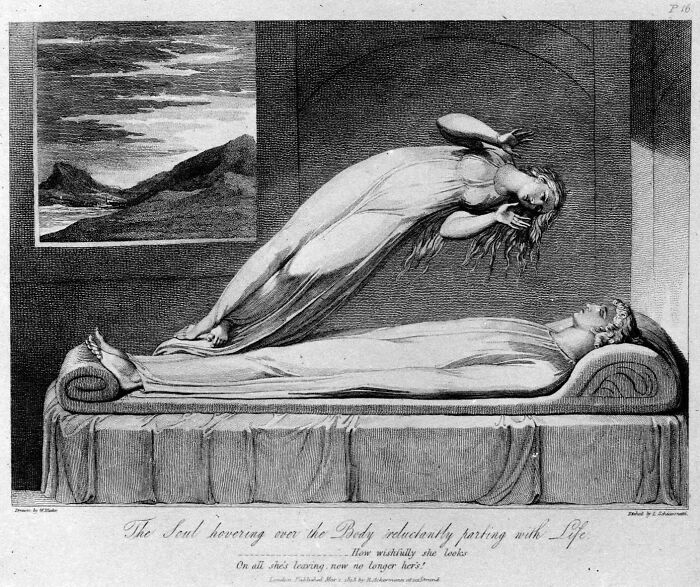 Vintage black and white illustration of a soul leaving the body depicting theories about the afterlife concept.