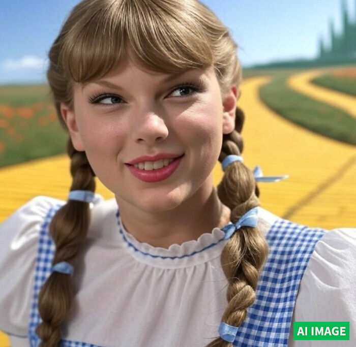 Taylor Swift dressed as Dorothy in new Wicked movie, smiling with braided hair and blue gingham dress on yellow brick road. Taylor Swift dressed as Dorothy in new Wicked movie, smiling with braided hair and blue gingham dress on yellow brick road.