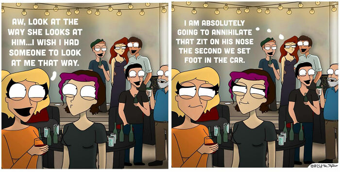Two-panel comic with characters at a party, showcasing bold and hilarious comics with a slightly naughty twist.
