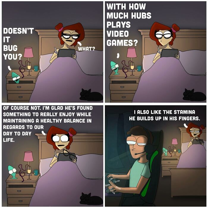Comic panels showing a woman and man discussing video games in a bold and hilarious cartoon style.
