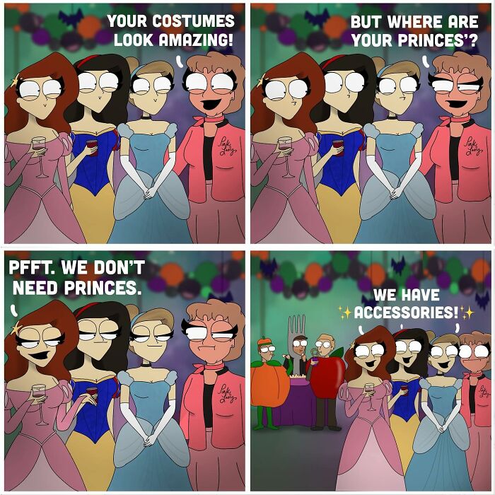 Four-panel comic showing bold and hilarious costumes and witty dialogue about princesses and accessories at a party.