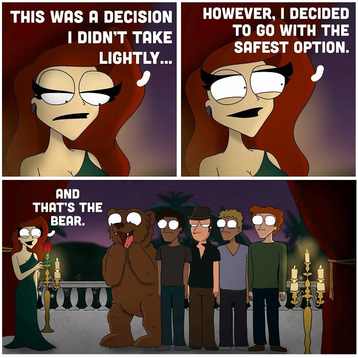 Comic panels featuring a woman narrating a decision and a humorous twist with a bear in a bold and hilarious naughty comic style.
