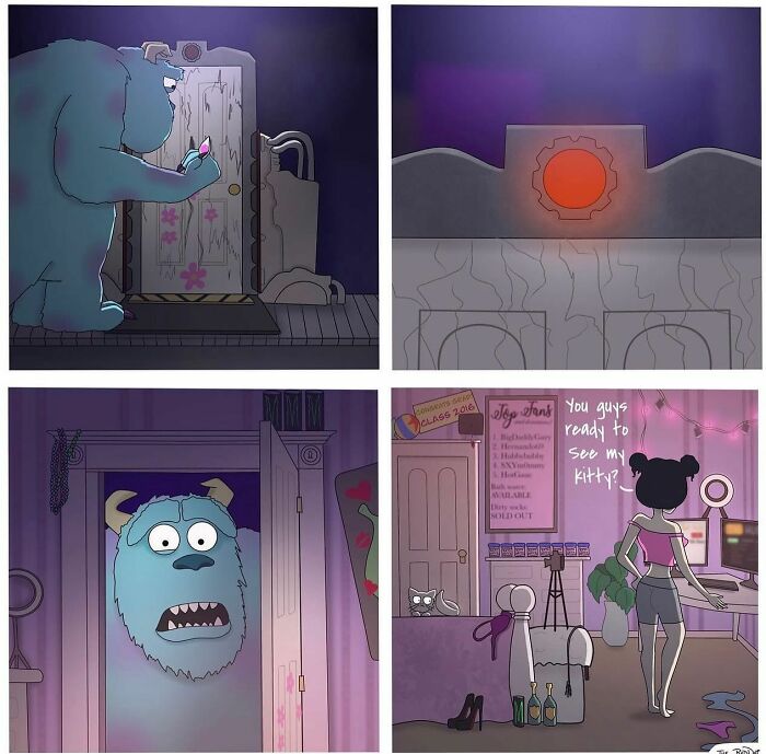 Four-panel bold and hilarious comic featuring a monster and a girl teasing with a naughty twist.