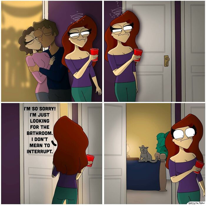 Comic strip featuring a woman awkwardly holding a red cup, illustrating bold and hilarious naughty comics by the artist.