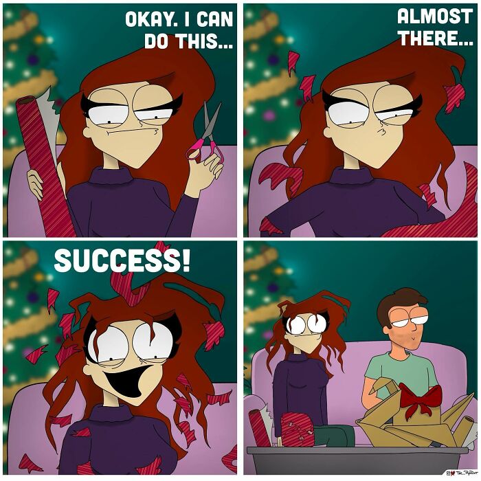 Comic panels showing a woman hilariously struggling and finally succeeding with wrapping a Christmas gift in a bold and naughty style.