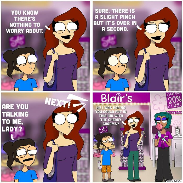 Four-panel bold and hilarious comic featuring a woman and a girl having a funny conversation in a piercing shop.