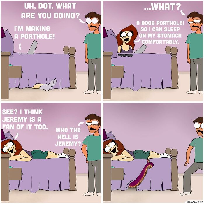 Comic strip with bold and hilarious naughty humor showing a character making a porthole in a bed to sleep comfortably.